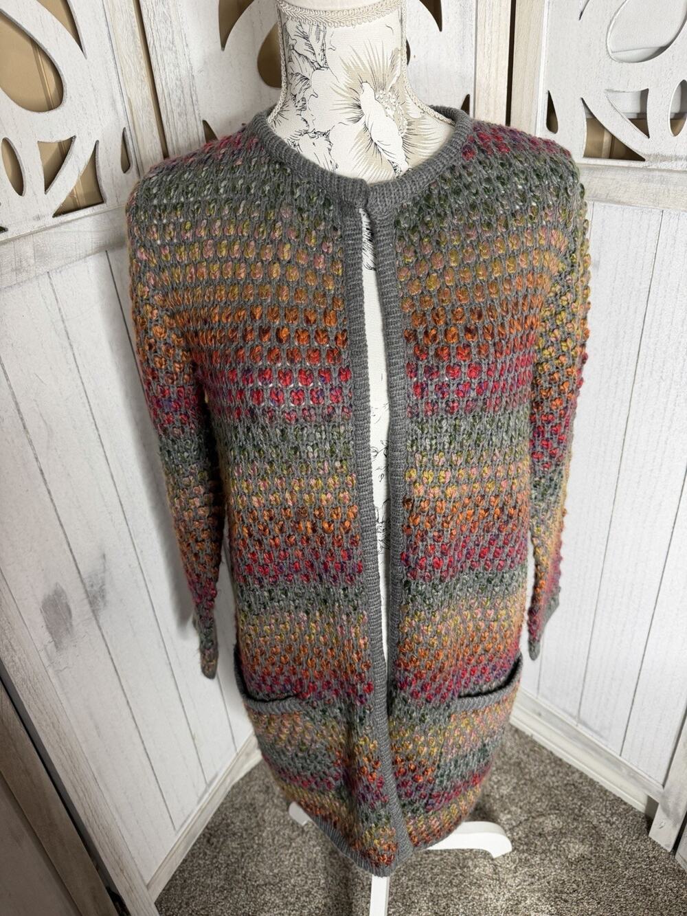 Christopher & Banks Knit Cardigan Sweater Striped Rainbow Duster Size Small
